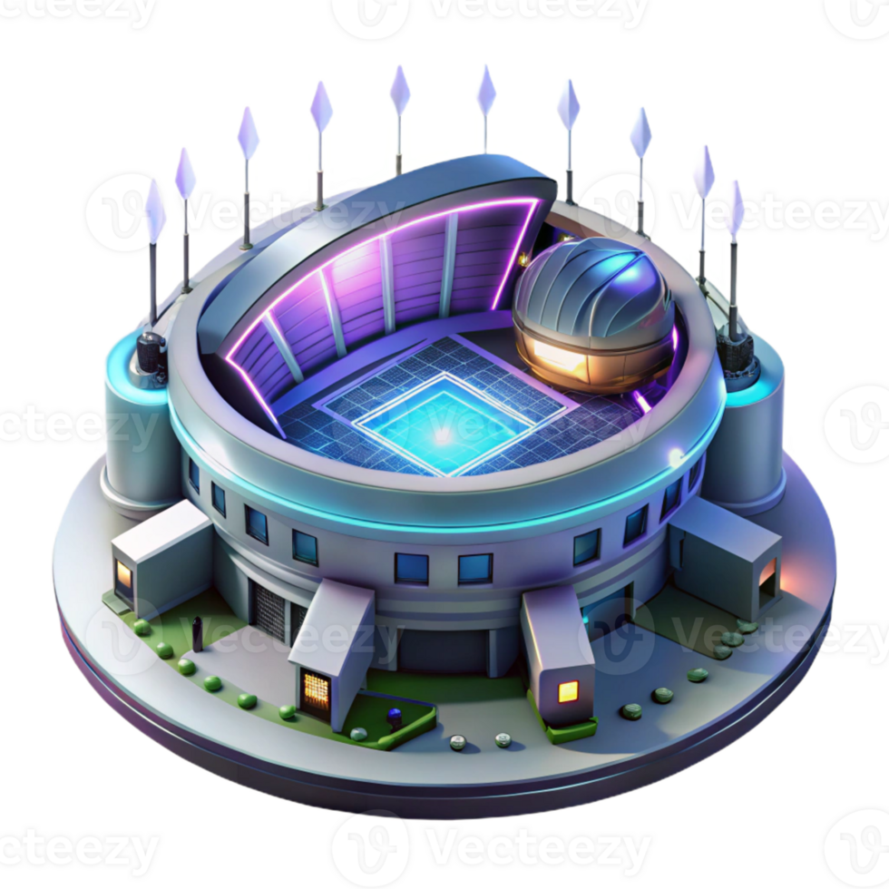 impressive artistic A futuristic, sleek sports stadium with holographic displays, night scene, neon lights, cyberpunk style, premium png