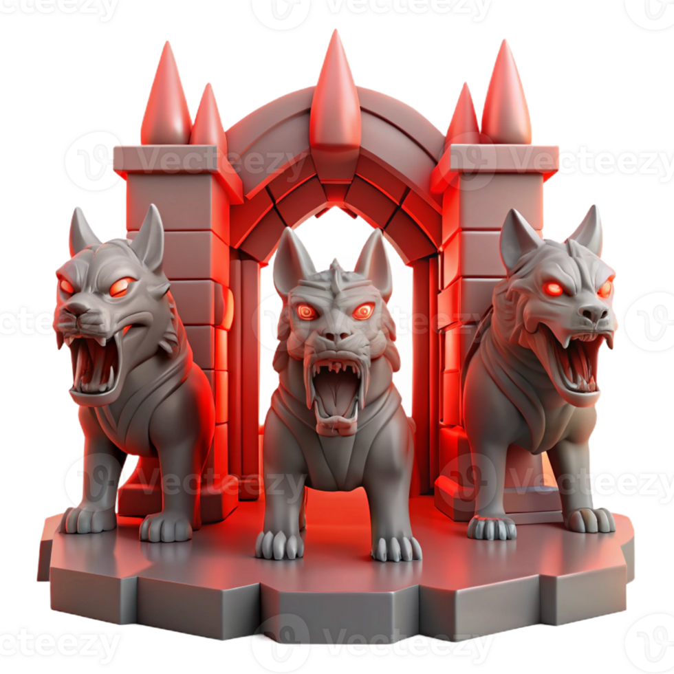 vibrant artistic A three-headed Cerberus guarding the gates of Hades, depicted in a brutalist architectural style, ominous red lighting high resolution png