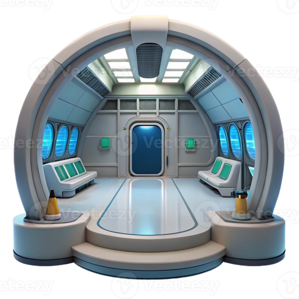 dramatic rustic A sleek, minimalist spaceship interior with panoramic views of space, soft interior lighting, futuristic, cinematic, genuine png