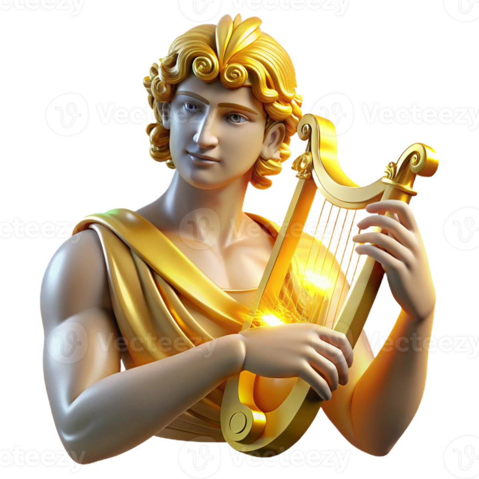 wonderful contemporary A radiant Apollo playing a lyre, golden light emanating from his figure, rendered in a neoclassical style exclusive png