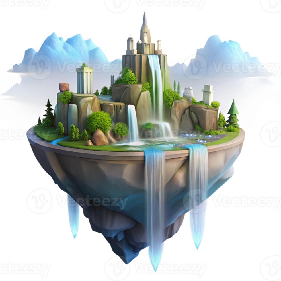 magnificent rustic Floating island city, waterfalls cascading down the sides, ethereal glow, dreamlike atmosphere, matte painting style, genuine png