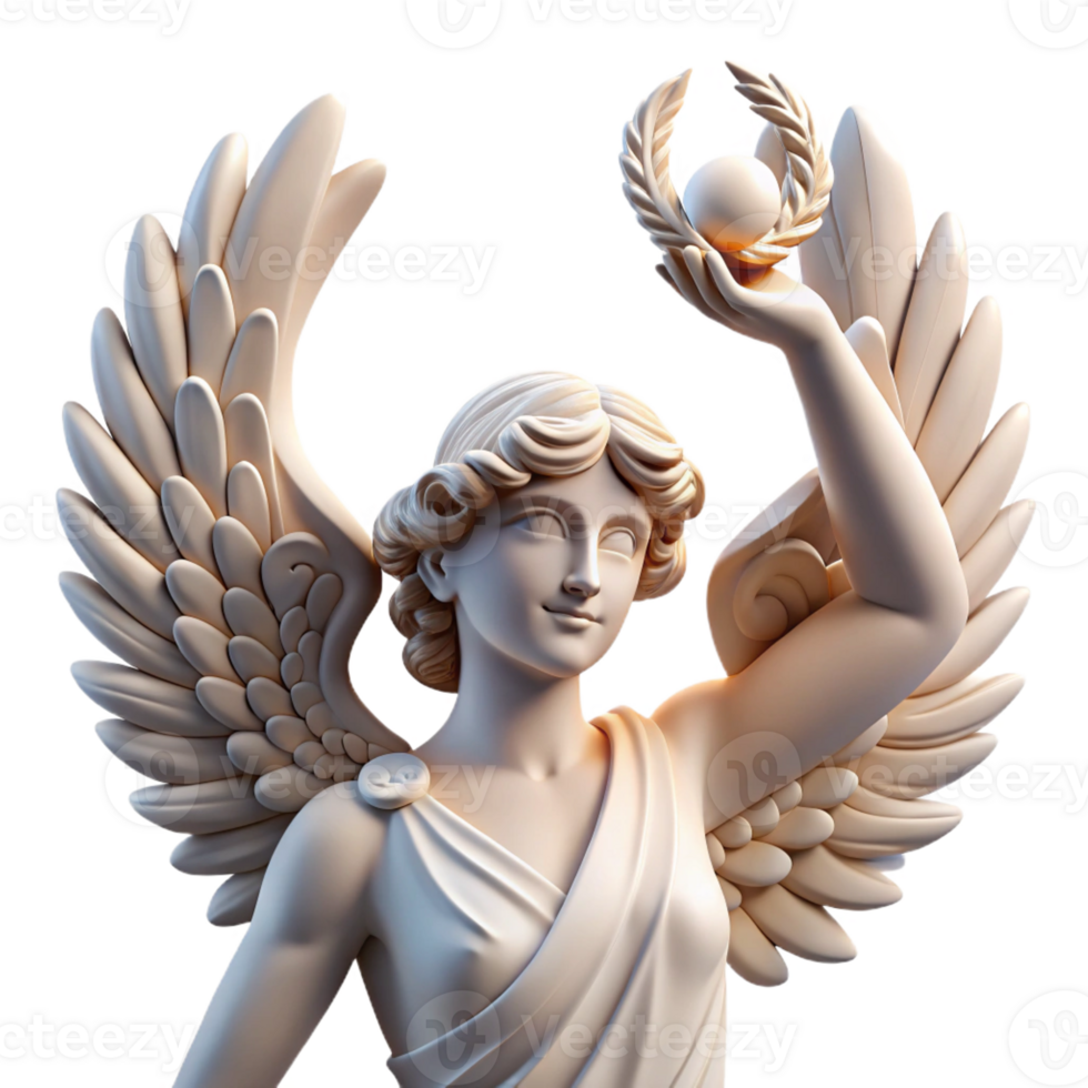 vibrant traditional A winged Nike holding a laurel wreath, triumphant pose, classical Greek sculpture style, soft natural light genuine png