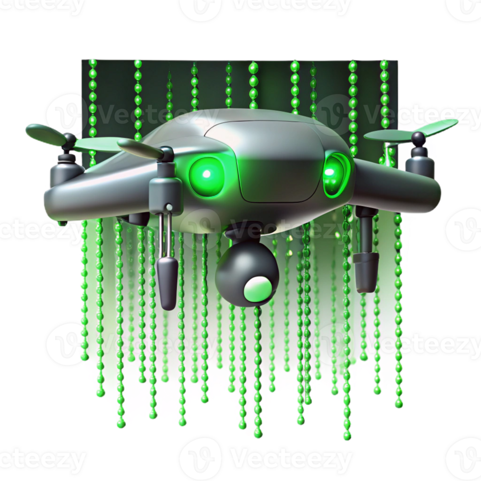 magnificent classic A solitary drone hovering against a backdrop of binary code raining down, cyberpunk aesthetic, neon green lighting authentic png