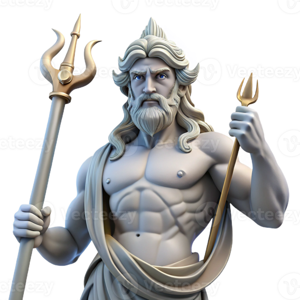serene traditional The Greek god Poseidon, wielding his trident, commanding the waves, classical Greek sculpture style, dynamic lighting professional png
