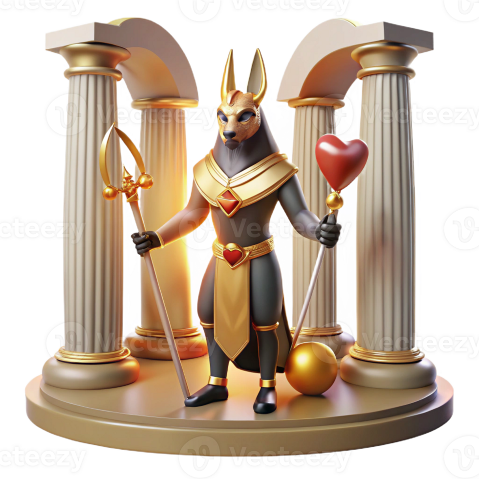 impressive rustic Anubis weighing a heart against a feather in the Hall of Judgment, bathed in the golden light of the afterlife, painted in an ancient Egyptian style detailed png