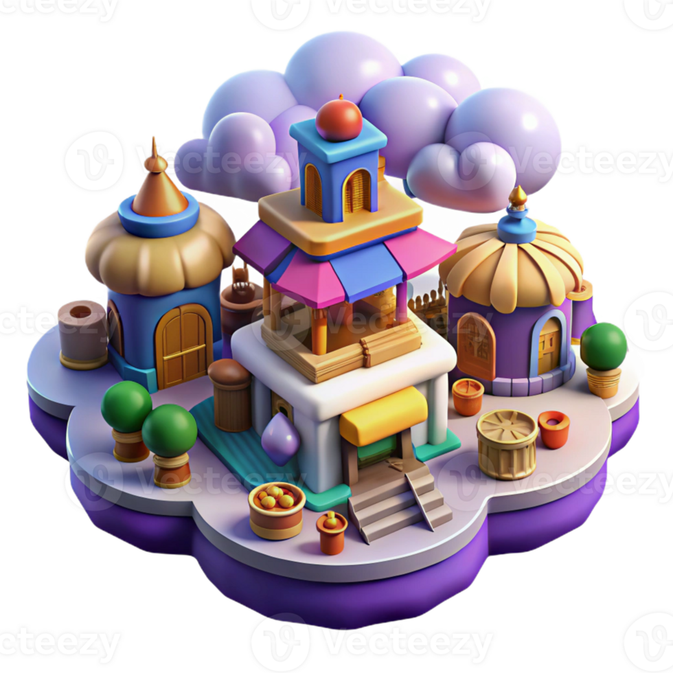 magnificent abstract A bustling marketplace in a cloud city, vibrant colors, aerial view, digital painting premium png