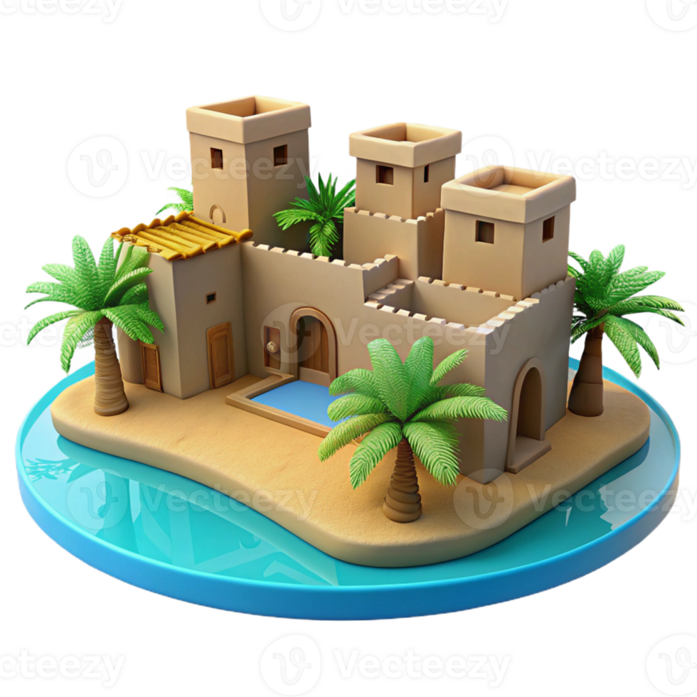 stunning traditional A desert oasis with traditional mud-brick buildings, palm trees, vibrant blue sky, realistic rendering, authentic png