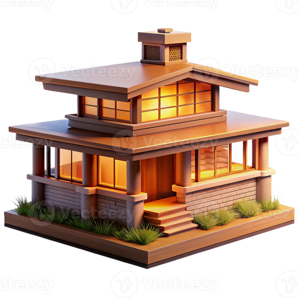 stunning traditional A hyperrealistic rendering of a Frank Lloyd Wright house, warm interior lighting, prairie style high resolution png
