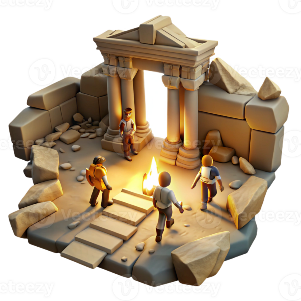 beautiful classic A group of adventurers exploring a forgotten temple, dusty sunlight streaming through cracks, pulp adventure style high resolution png