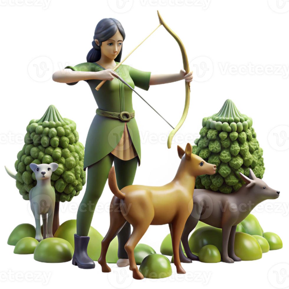 beautiful creative Artemis hunting in a forest, bow drawn, accompanied by hounds, realistic and detailed, wildlife photography style authentic png