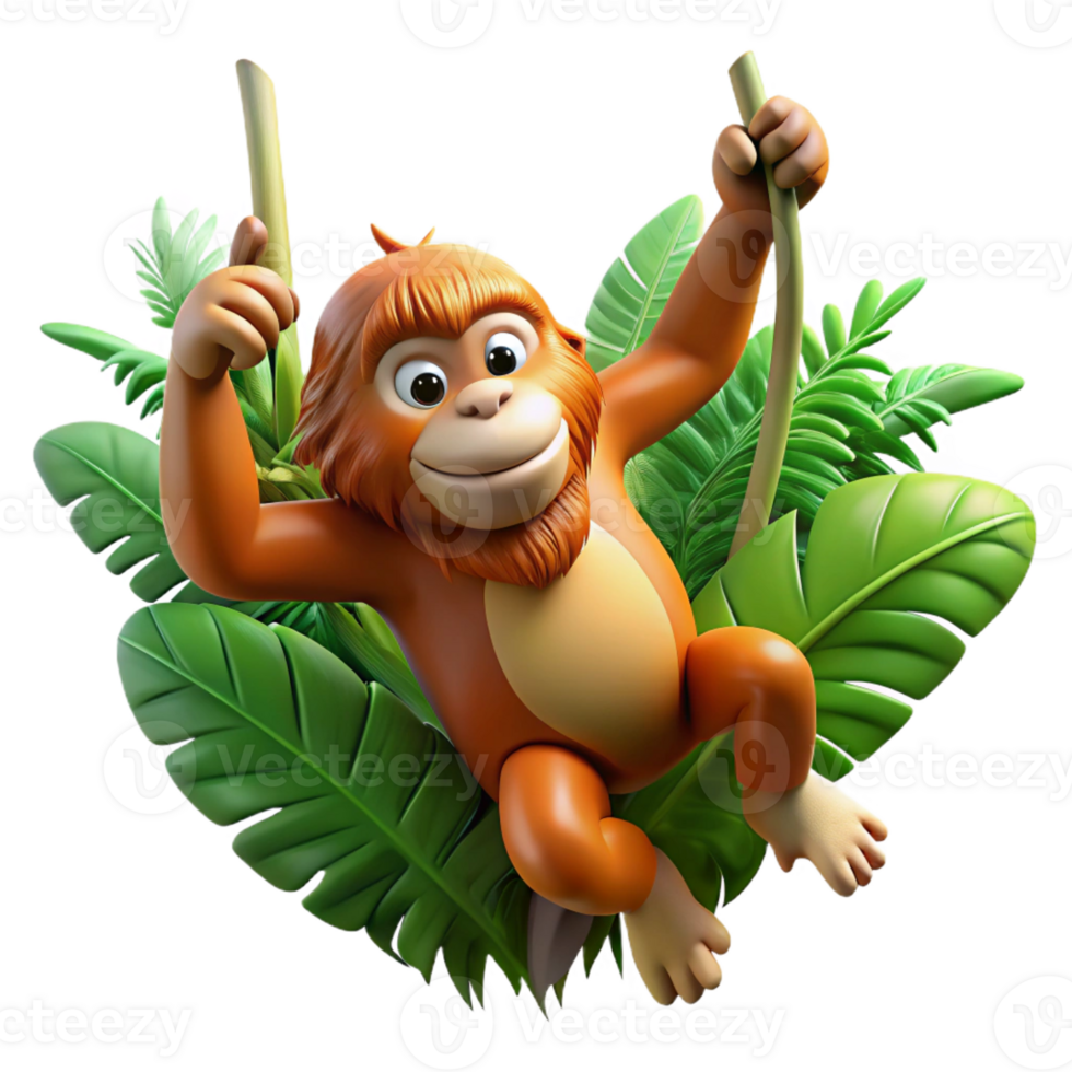 elegant artistic A playful orangutan swinging through the jungle, dynamic pose, lush green setting, high resolution png