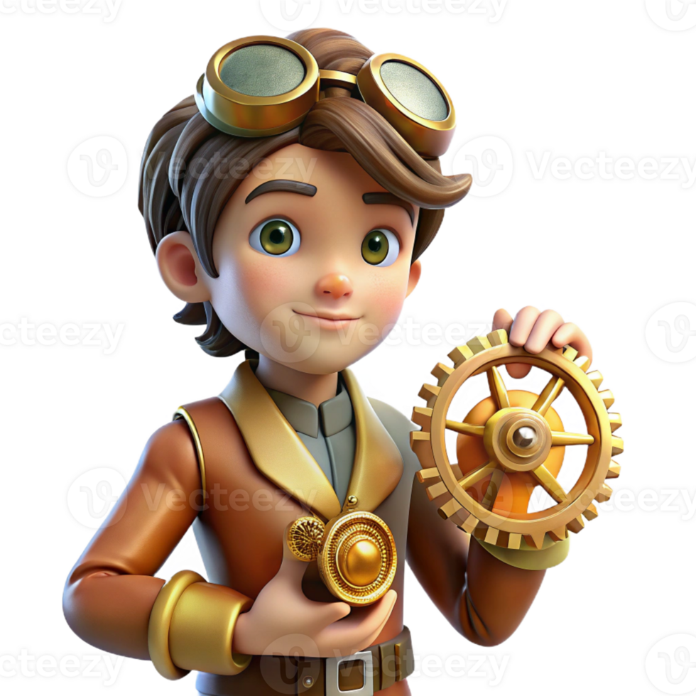serene contemporary A portrait of a steampunk child holding a clockwork toy, intricate gears and springs, illuminated by a soft, nostalgic light original png