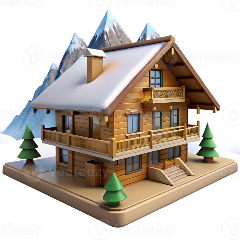 serene modern A Swiss chalet, wooden balconies, snow-capped mountains in the background, picturesque, idyllic style genuine png
