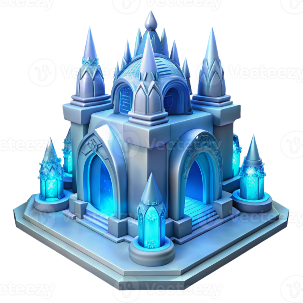 serene artistic An ice palace with intricate carvings, cool blue light, Art Deco style, high resolution png