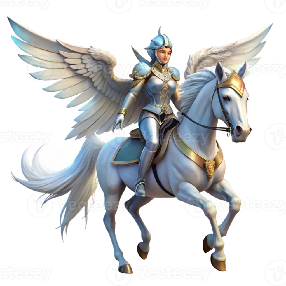 elegant minimalist A graceful Valkyrie riding a winged horse through a twilight sky, armor gleaming silver, rendered in a digital painting style premium png
