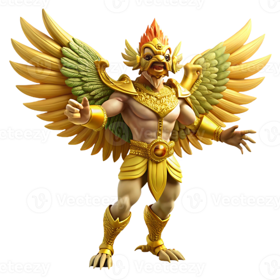 stunning rustic A powerful Garuda, Hindu mythical bird, with golden feathers and a human-like face, dynamic pose, fantasy art style high resolution png