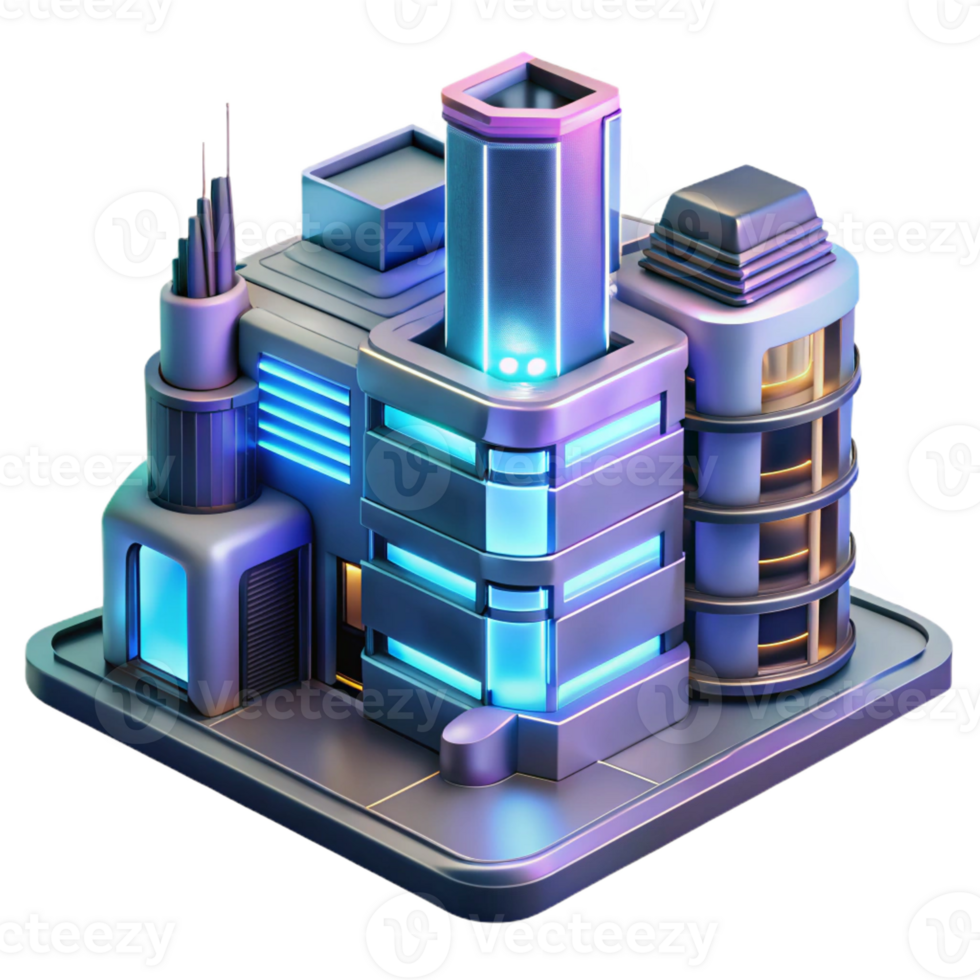 impressive contemporary A futuristic apartment complex with holographic projections, neon lights, cyberpunk style, high-tech details high quality png