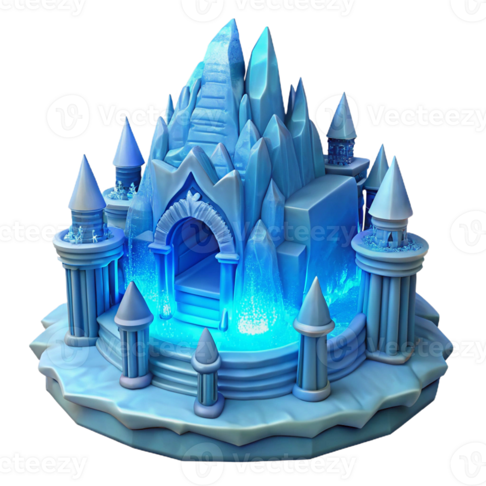 dramatic traditional An ice palace carved from a glacier, intricate ice sculptures, ethereal blue lighting, frozen and majestic exclusive png