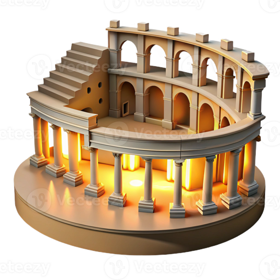 serene rustic An ancient Roman amphitheater, crumbling ruins, golden hour light, historical illustration 4K png