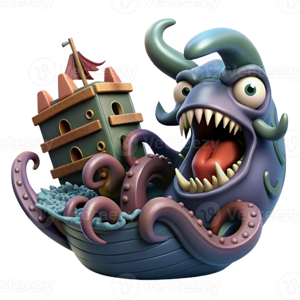 vibrant classic The Kraken, a colossal sea monster, attacking a ship, dark and dramatic style exclusive png