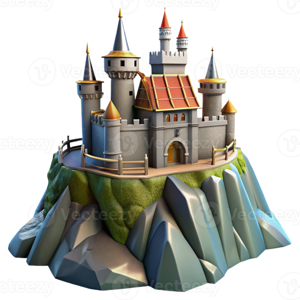 wonderful abstract A medieval castle perched on a mountaintop, fortified walls, dramatic lighting, fantasy setting high quality png