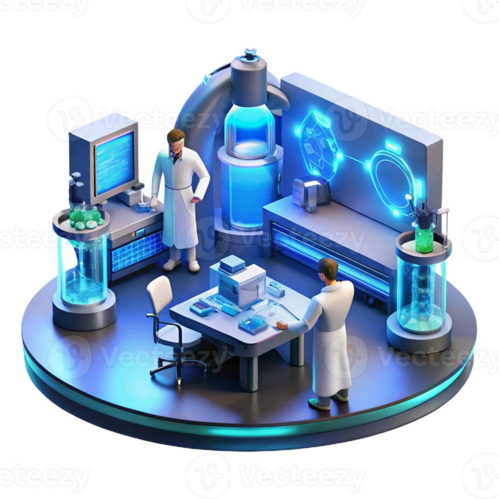 vibrant contemporary A futuristic laboratory filled with glowing screens and complex equipment, scientists working in the background, lit by cool blue and white lights professional png