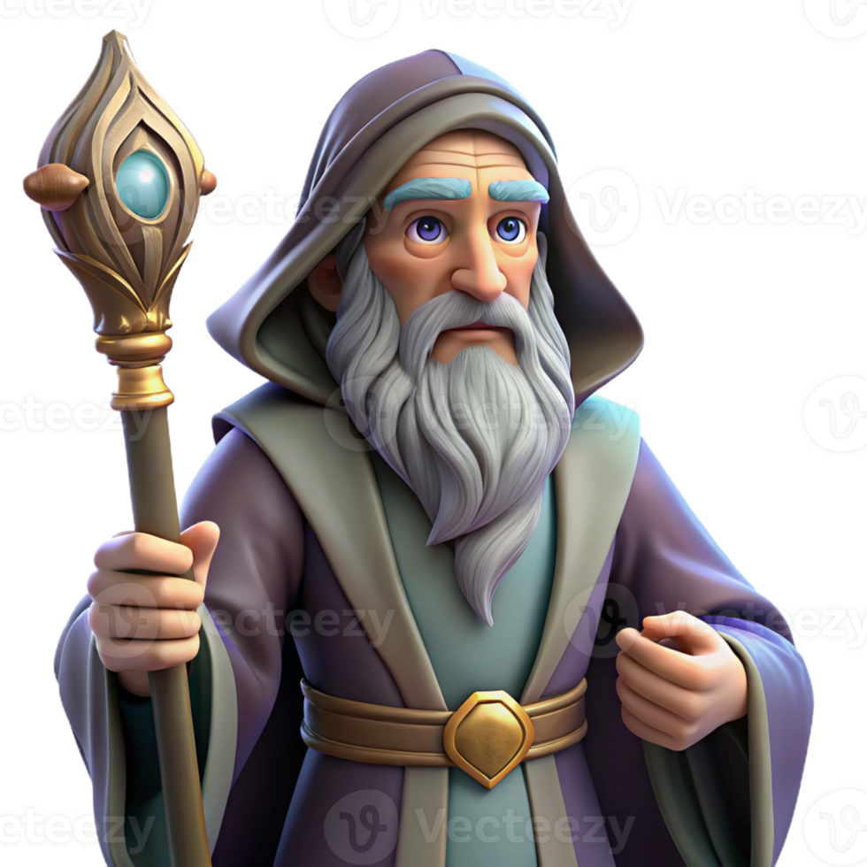 wonderful abstract Portrait of a wise old wizard with a long flowing beard, holding a magical staff, mystical lighting, fantasy art style detailed png