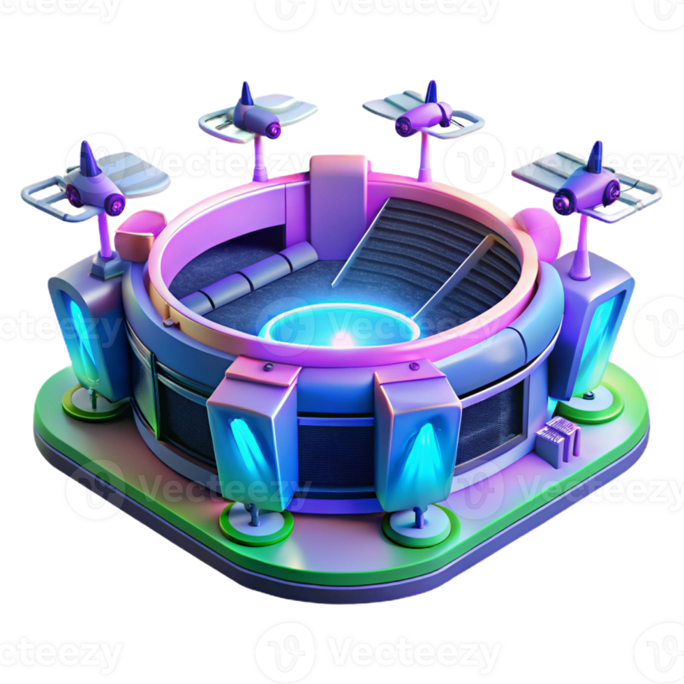 magnificent rustic A futuristic sports stadium with holographic displays and flying drones, vibrant neon colors, cyberpunk style, dynamic perspective, detailed png