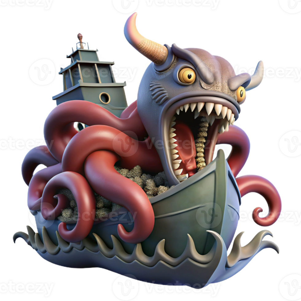 beautiful vintage The Kraken, a colossal sea monster, attacking a ship, dark and dramatic style genuine png