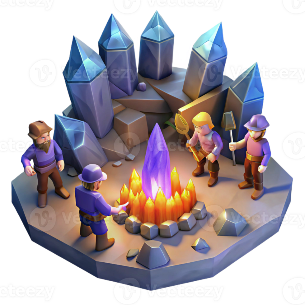 magnificent rustic A group of dwarves mining for gems in a cavern lit by glowing crystals, warm lighting, isometric view exclusive png