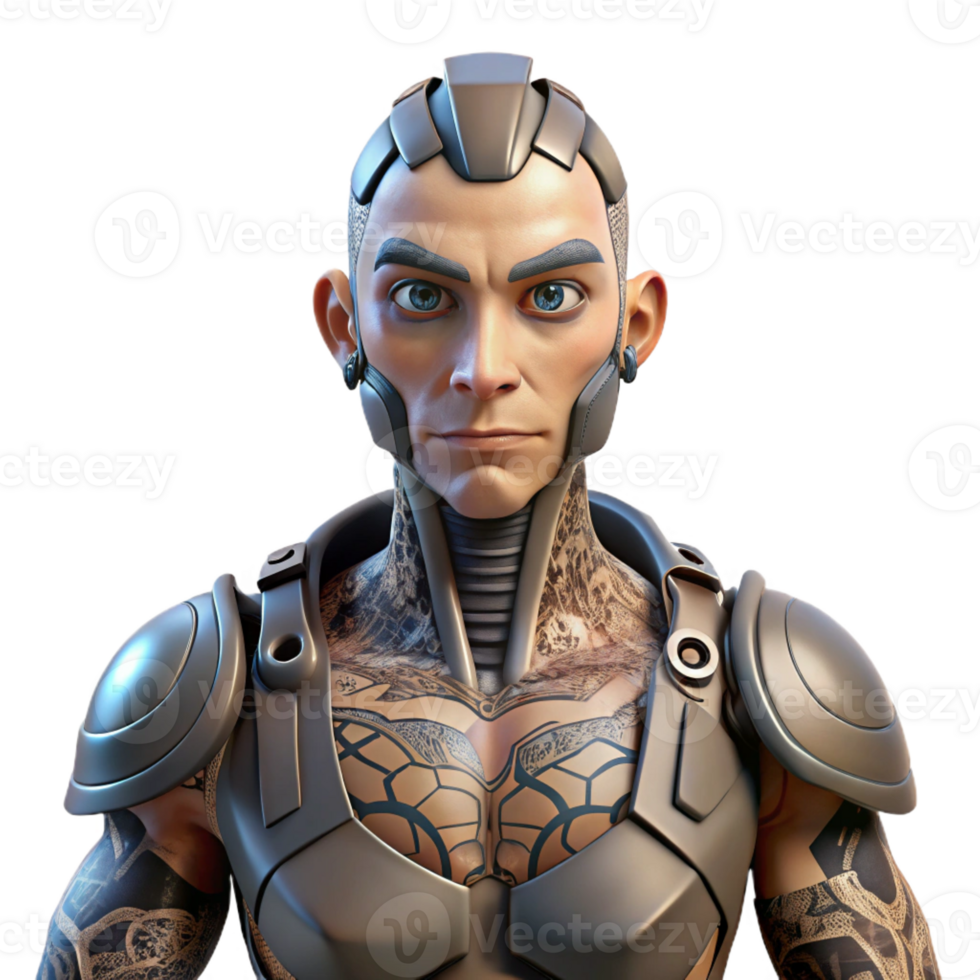 dramatic modern A cyborg with intricate tattoos, rebellious and edgy, dark and gritty style high quality png