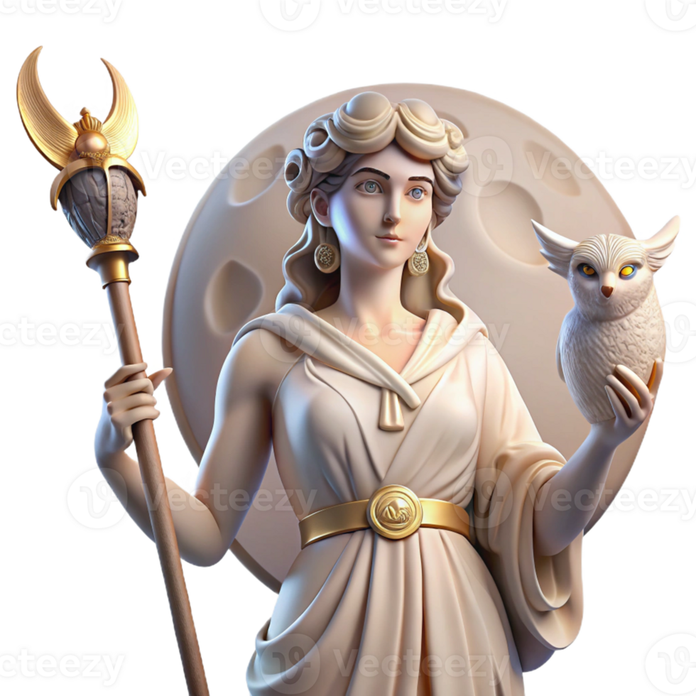 dramatic contemporary A wise Athena, Goddess of Wisdom, holding an owl and a spear, bathed in the soft glow of moonlight, neoclassical style 4K png