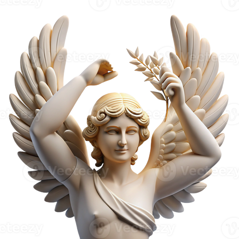 wonderful classic A winged Nike holding a laurel wreath, triumphant pose, classical Greek sculpture style, soft natural light high quality png