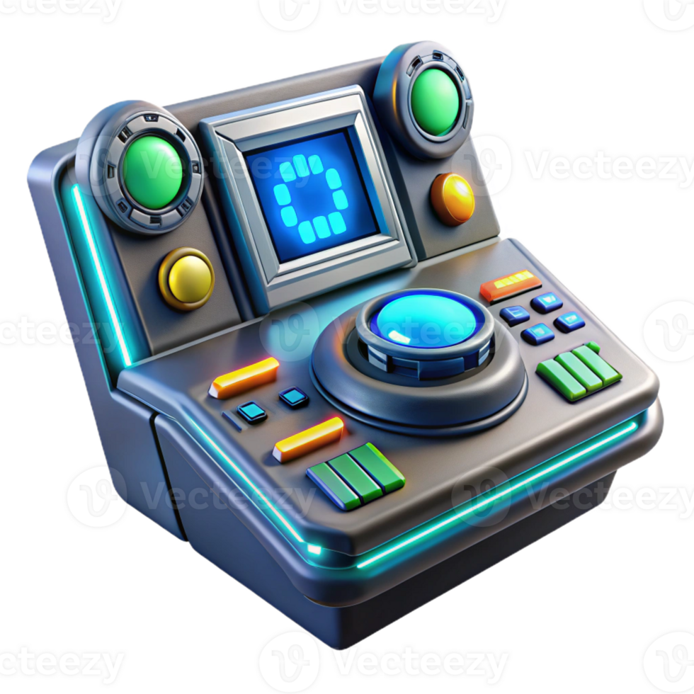 serene vintage A futuristic control panel with glowing buttons and displays, complex interface, sci-fi movie prop style professional png