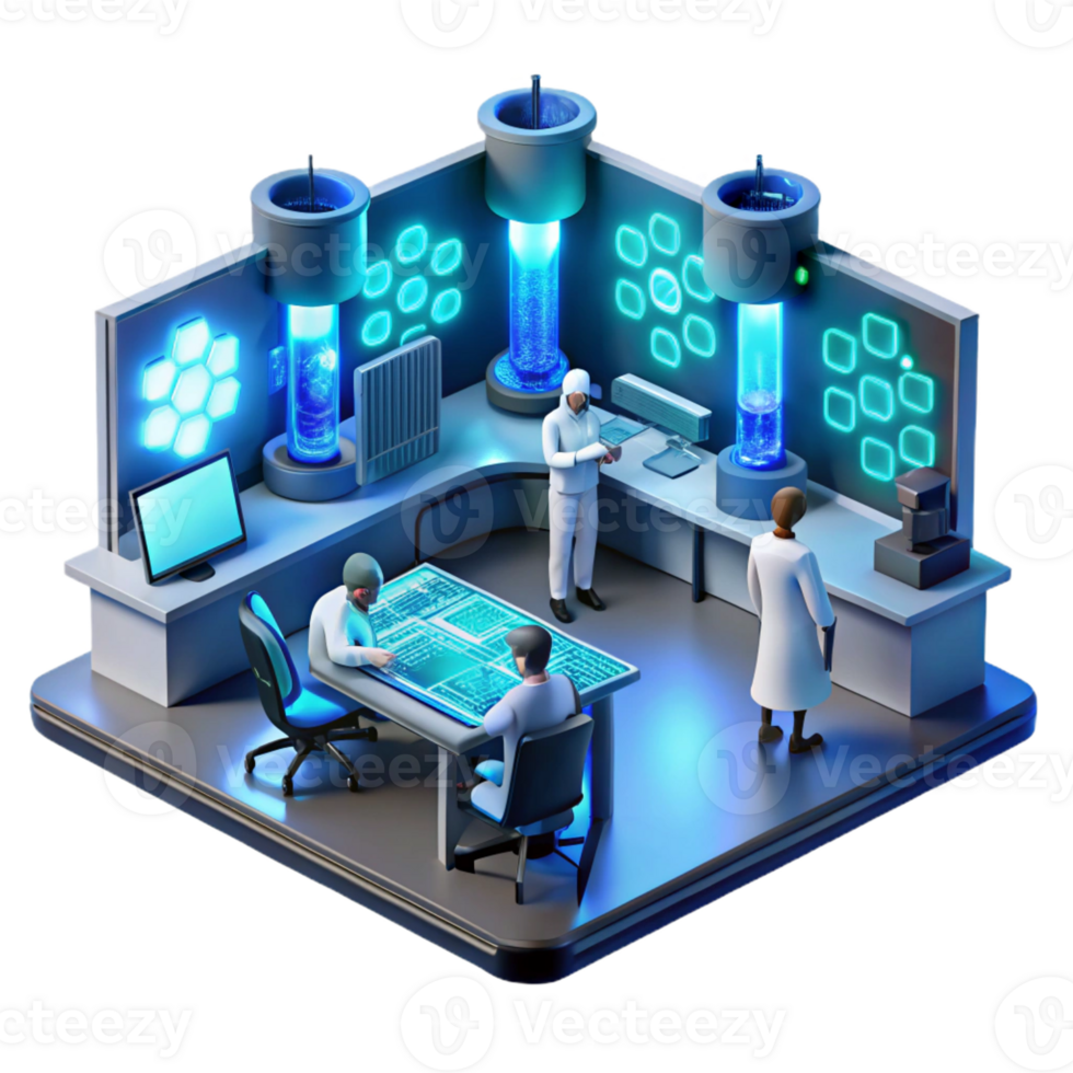 stunning artistic A futuristic laboratory filled with glowing screens and complex equipment, scientists working in the background, lit by cool blue and white lights genuine png