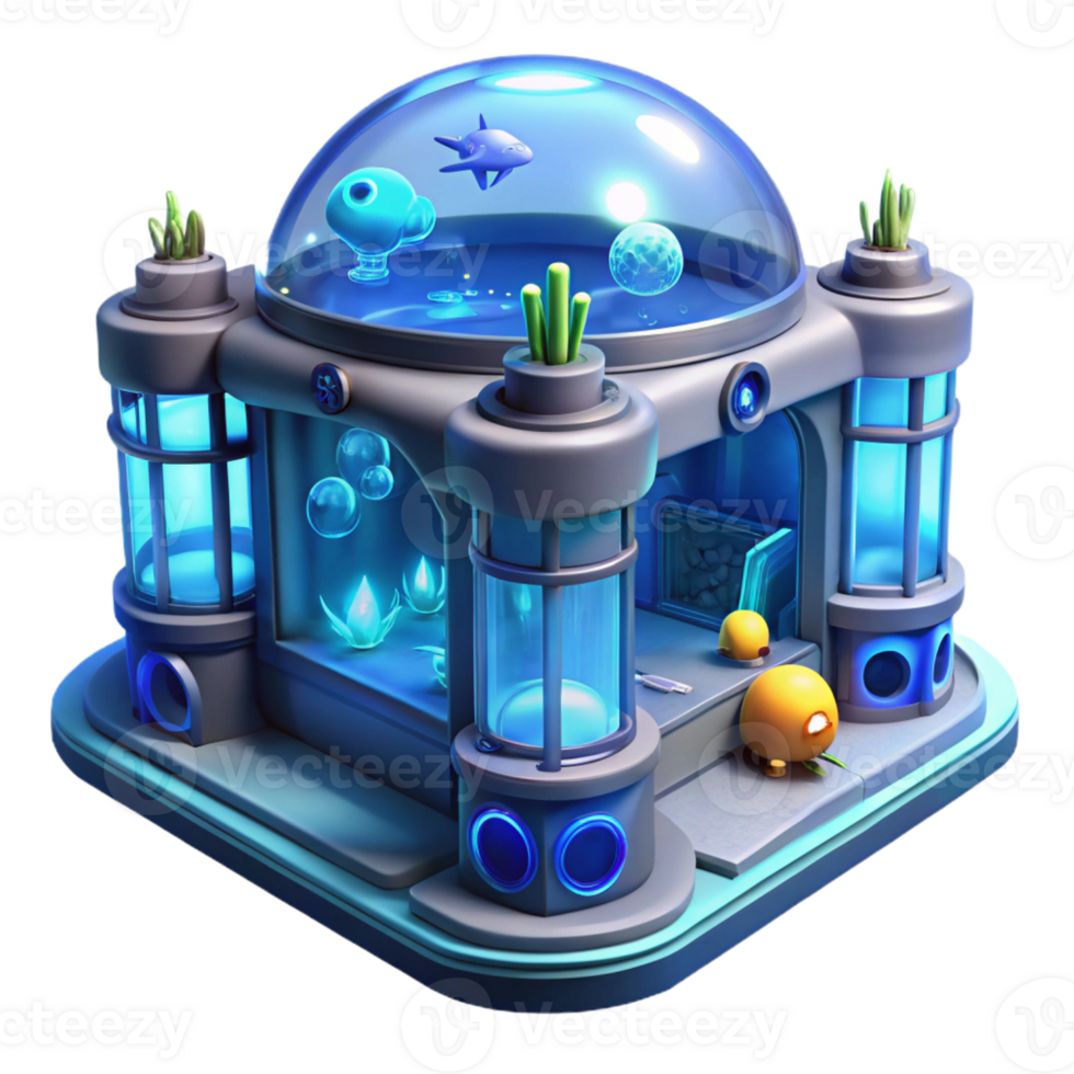 impressive contemporary An underwater research facility with panoramic windows, bioluminescent creatures outside, sci-fi style, cool blue light, professional png