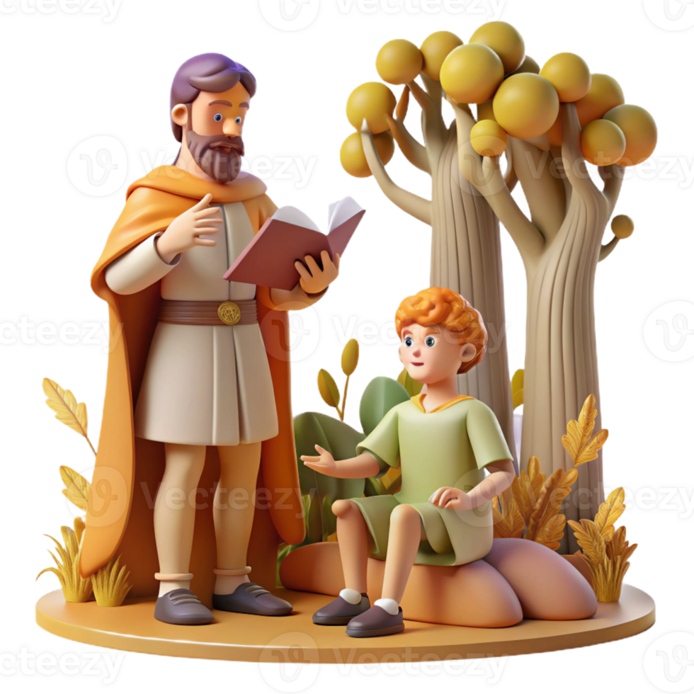dramatic traditional A wise Chiron teaching Achilles, serene forest setting, soft golden light, Renaissance style authentic png