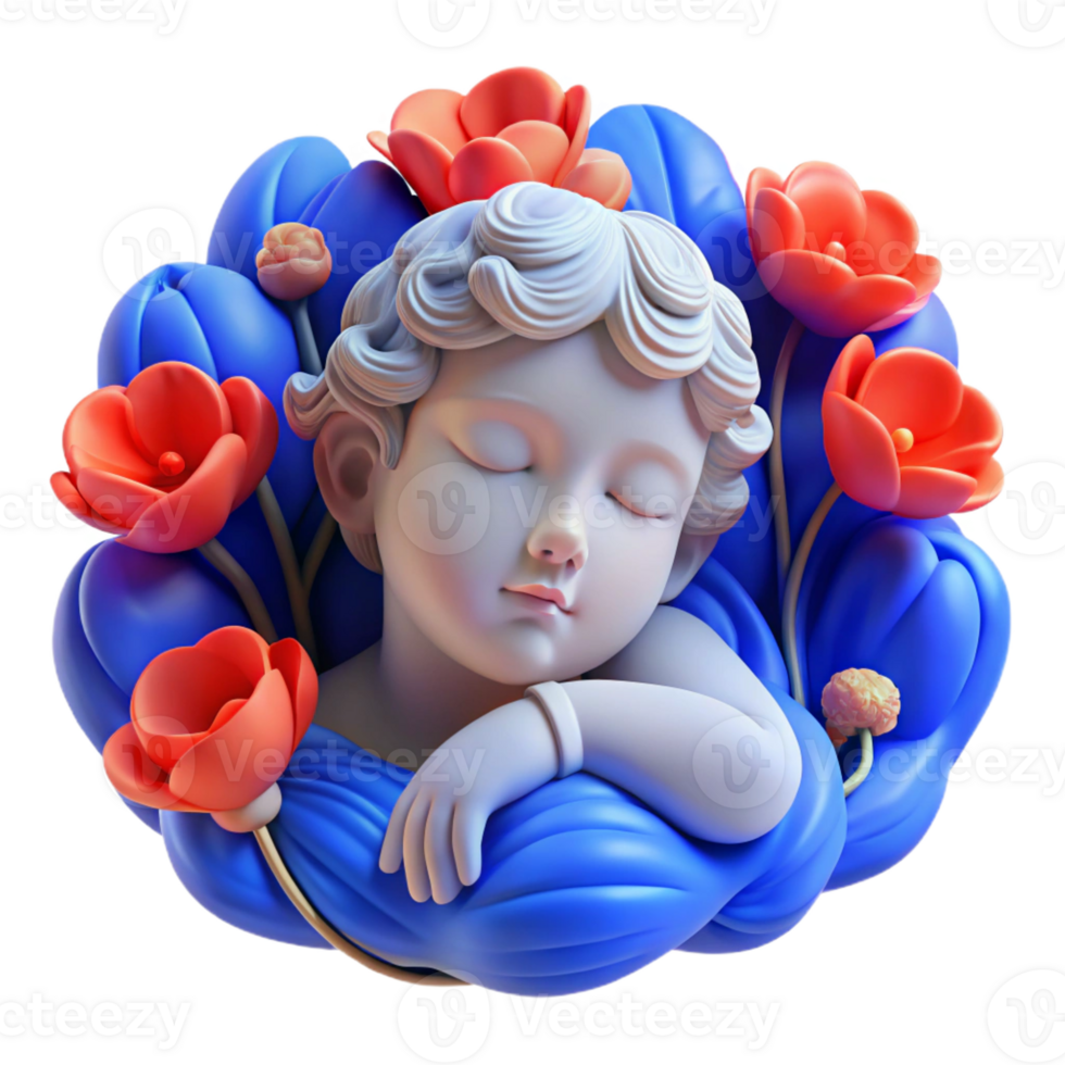 serene contemporary A sleeping Hypnos surrounded by poppies, dreamlike blue lighting, Art Nouveau style high resolution png