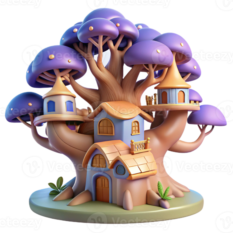stunning abstract A giant tree with houses built into its branches, whimsical and magical, fantasy art, 4K png