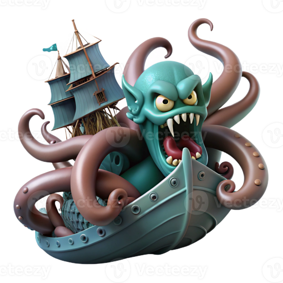 beautiful minimalist The Kraken, a colossal sea monster, attacking a ship, dark and dramatic style high resolution png