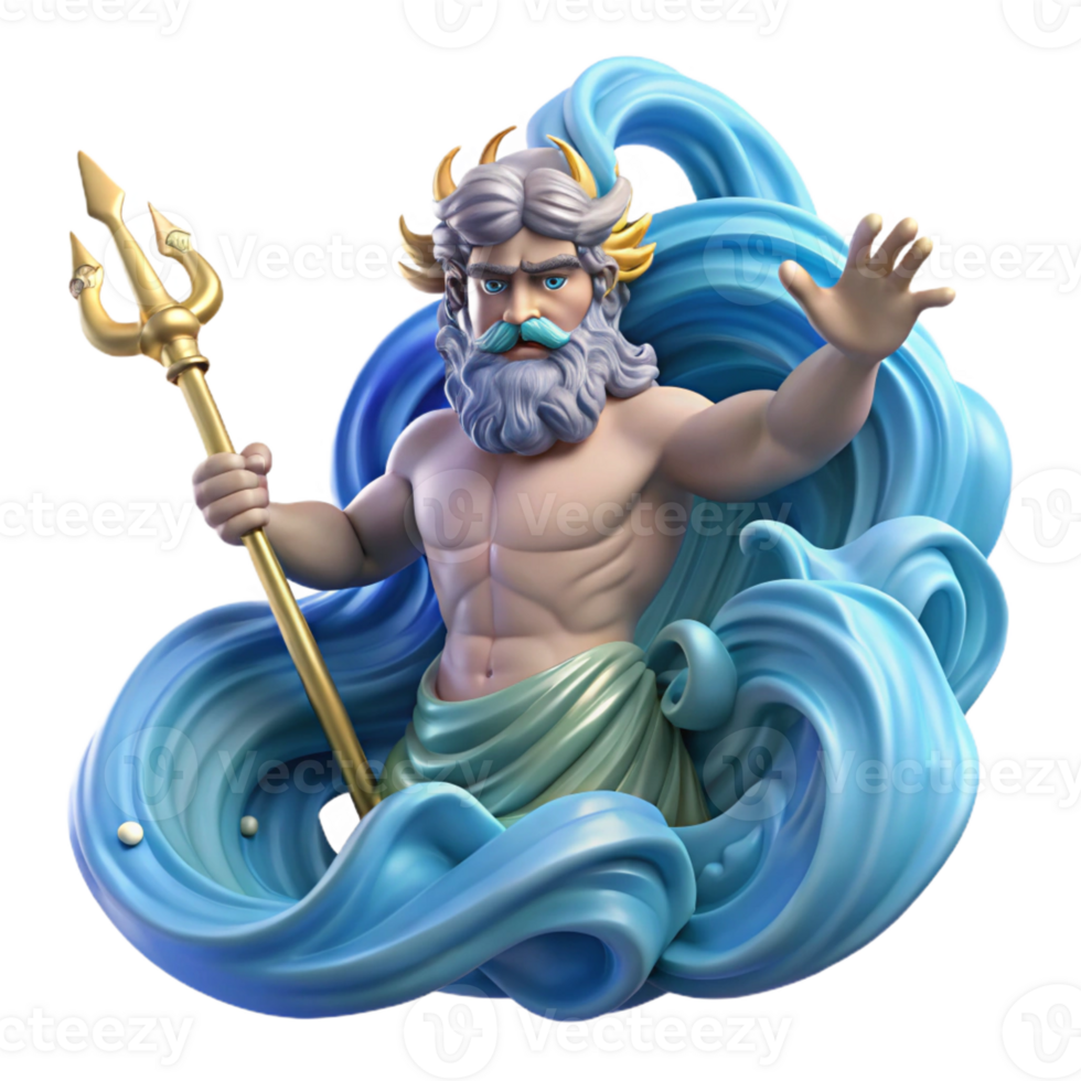 serene traditional The Greek god Poseidon, wielding his trident, commanding a raging sea filled with swirling whirlpools and crashing waves, baroque style, dynamic lighting, high quality png