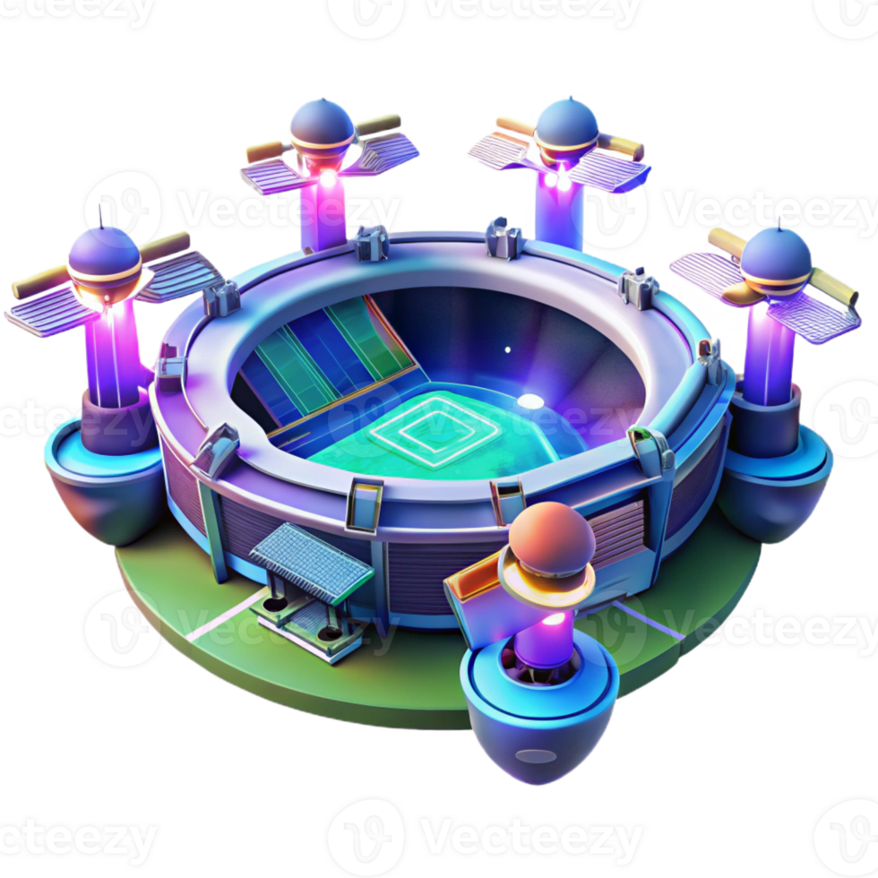 extraordinary artistic A futuristic sports stadium with holographic displays and flying drones, vibrant neon colors, cyberpunk style, dynamic perspective, high resolution png