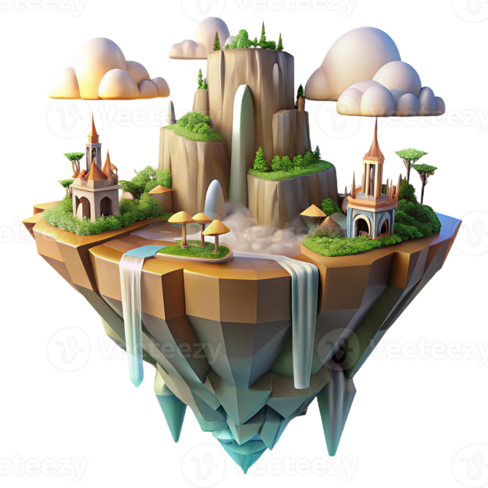 extraordinary vintage A floating island city with waterfalls cascading down the sides, golden hour lighting, fantasy style, matte painting, high quality png