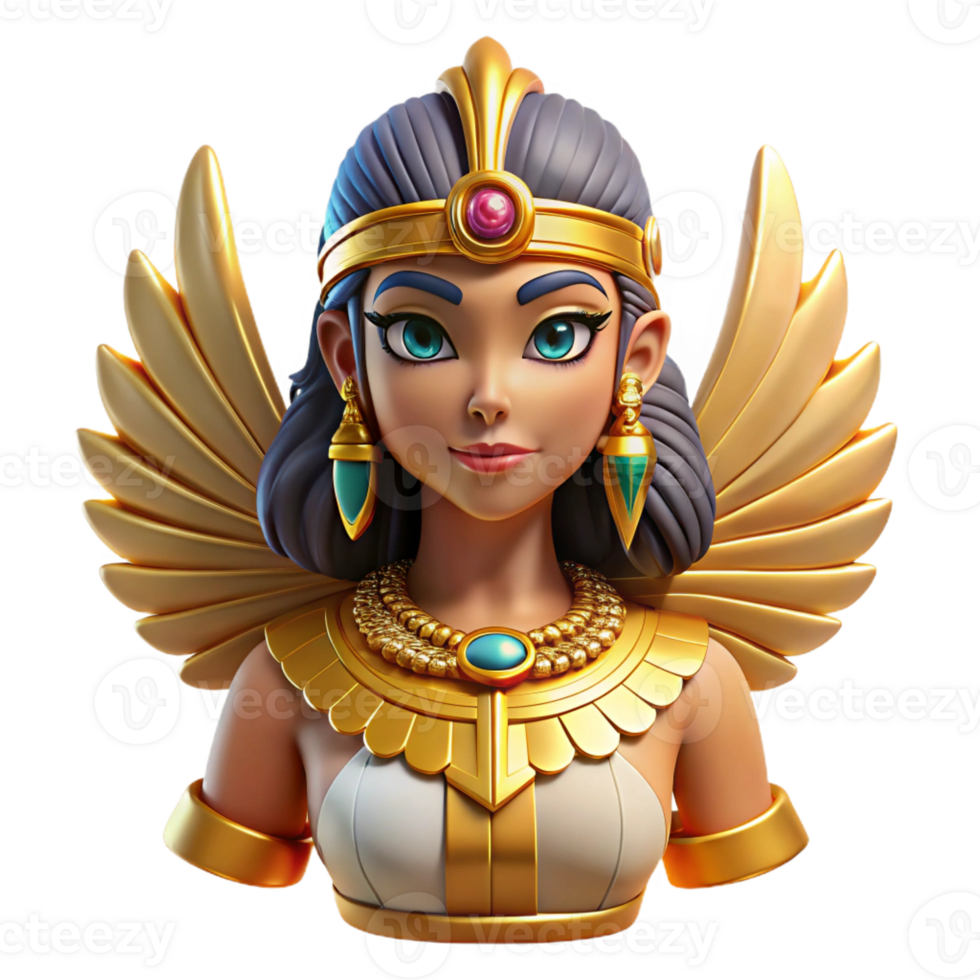 beautiful artistic The Egyptian goddess Isis, adorned with intricate hieroglyphic patterns and a radiant crown, art deco style 4K png