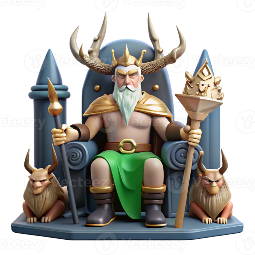 dramatic creative Odin, the Allfather, seated on his throne in Valhalla, surrounded by Valkyries, epic and grand style professional png