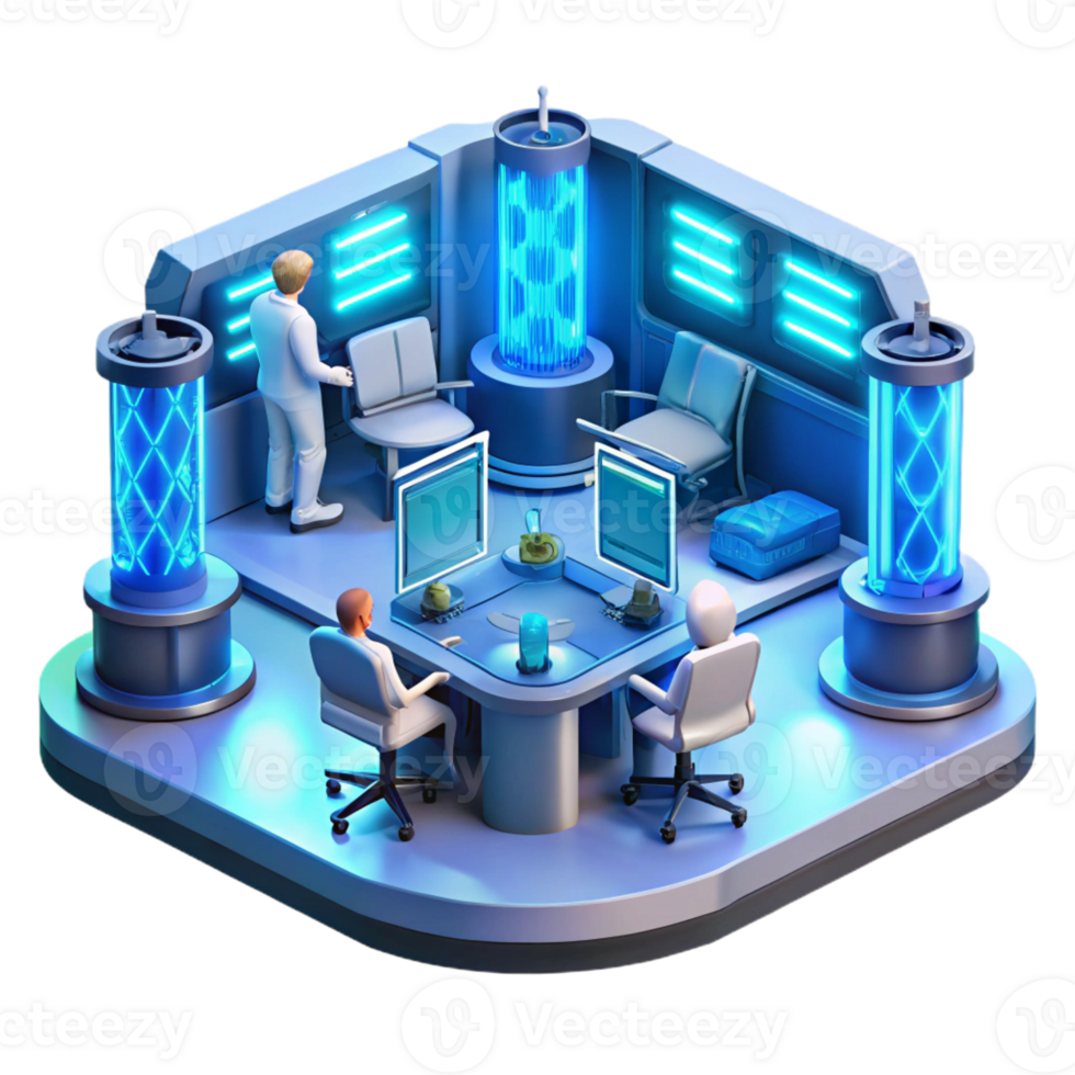 extraordinary rustic A futuristic laboratory filled with glowing screens and complex equipment, scientists working in the background, lit by cool blue and white lights high resolution png