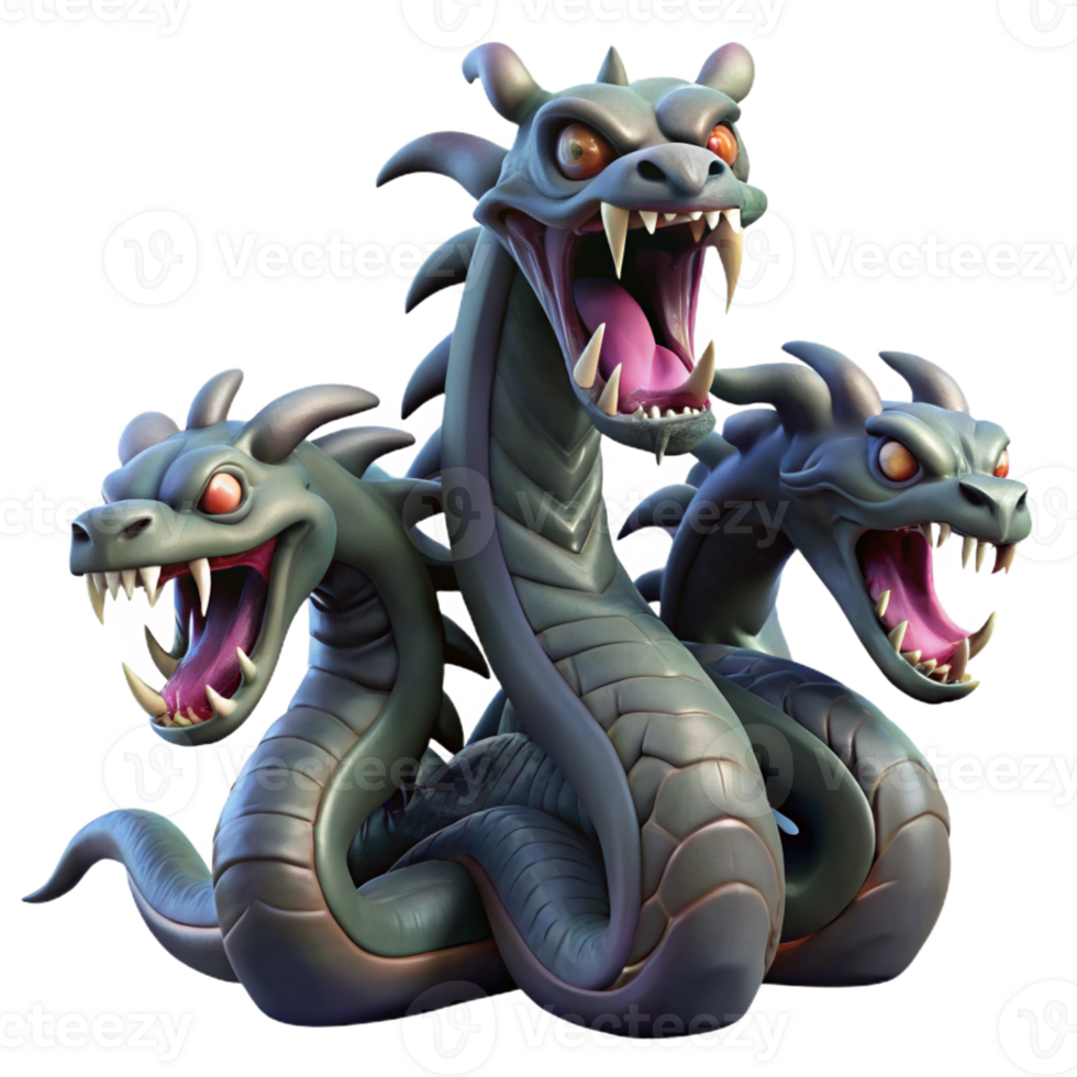 magnificent classic A fearsome hydra with multiple snarling heads, scales shimmering in the dim light of a swamp, dark fantasy style high resolution png