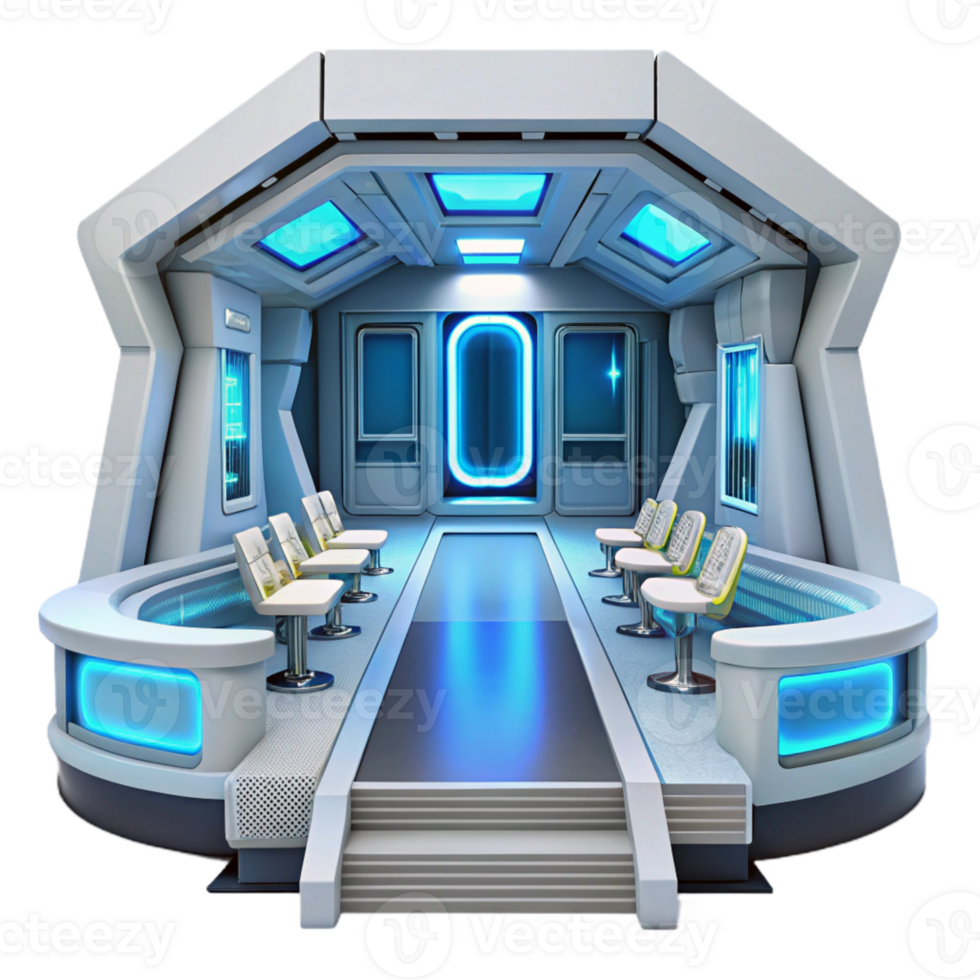 dramatic vintage A futuristic space station, sleek white corridors, glowing blue panels, sterile, minimalist style authentic png