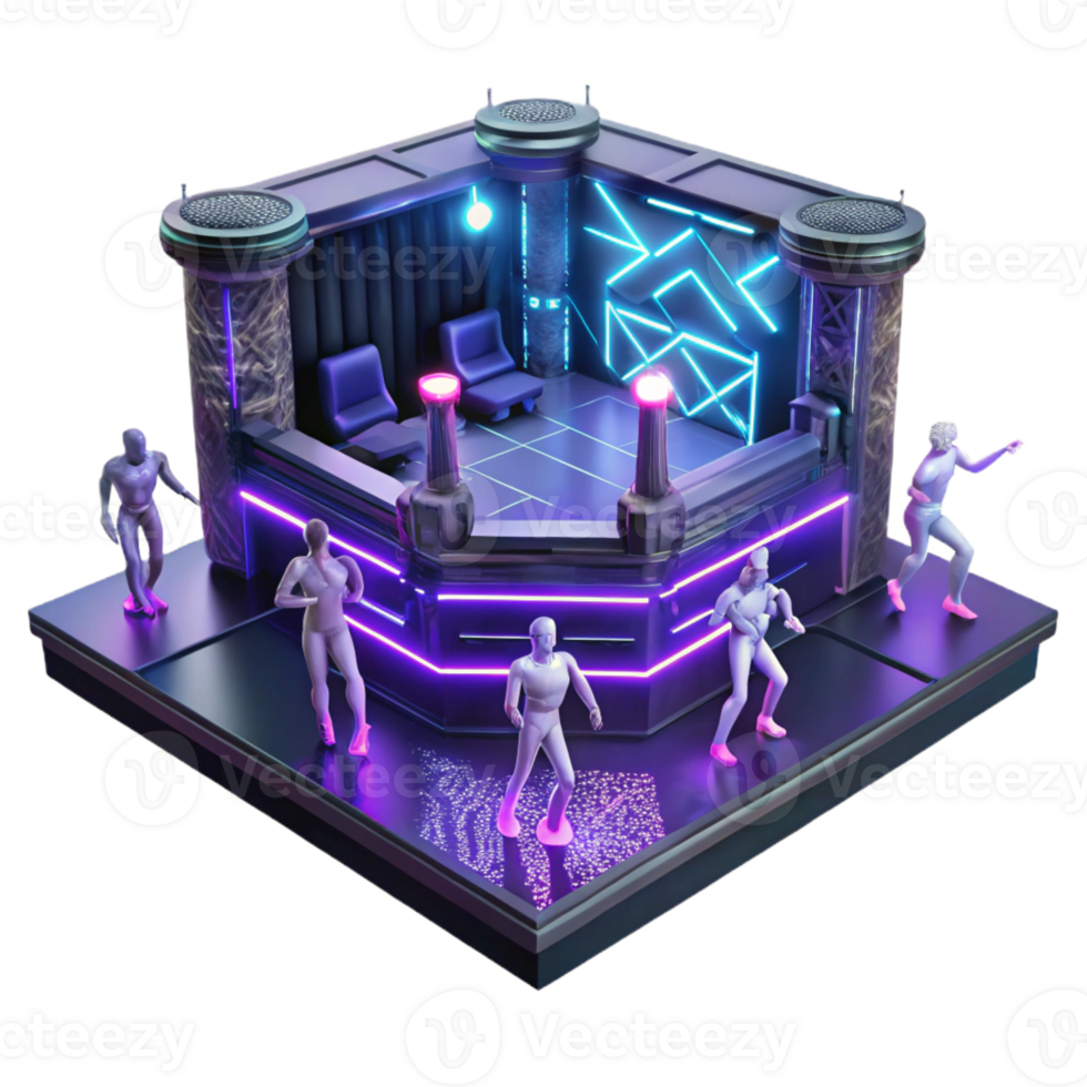 beautiful abstract Cyberpunk nightclub, neon signs, holographic dancers, dark and smoky atmosphere, futuristic, 4K png