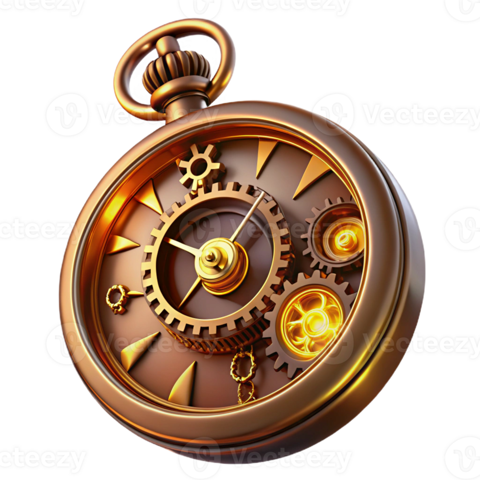 beautiful traditional A close-up of a steampunk pocket watch with intricate gears and glowing Roman numerals, highly detailed, dramatic lighting authentic png